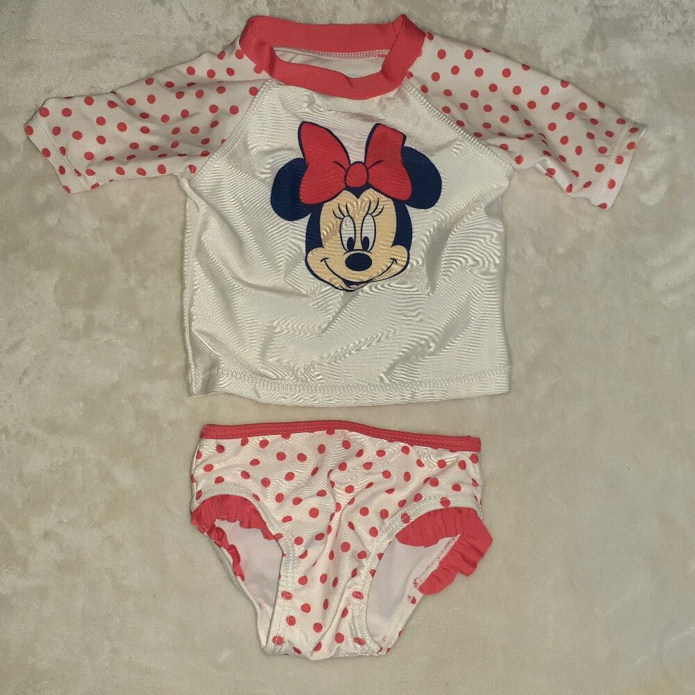 DISNEY BABY 2 PC SWIMSUIT RASH GUARD SUN PROTECTION MINNIE SUIT-GIRLS SIZE 0/3 M